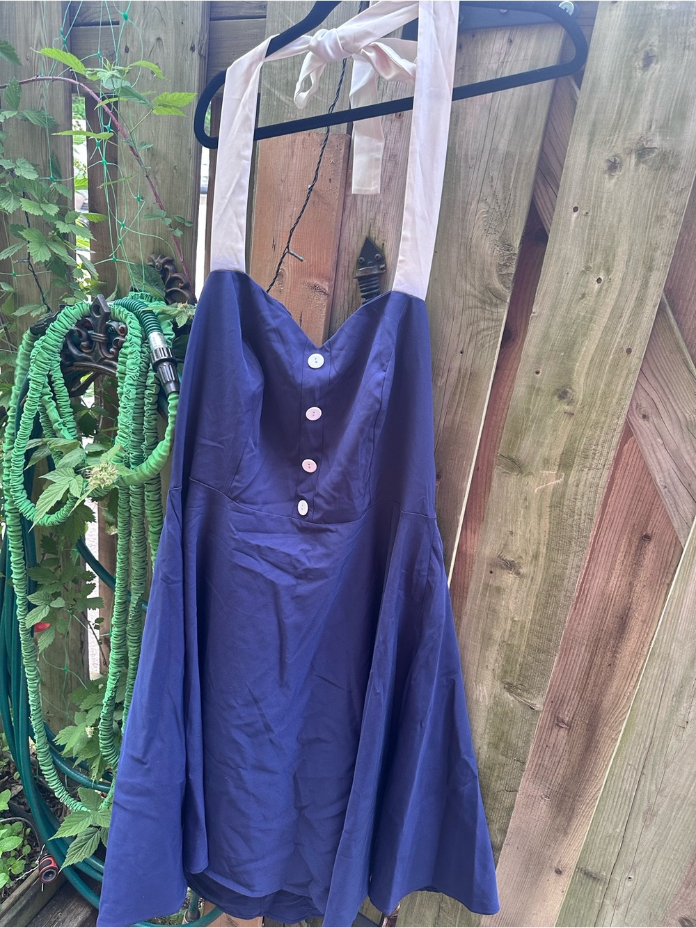 Unique Vintage Navy Blue Midi Dress with Cream Halter Ties 3x